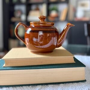 Vintage Brown Glazed Stoneware Teapot with Lid